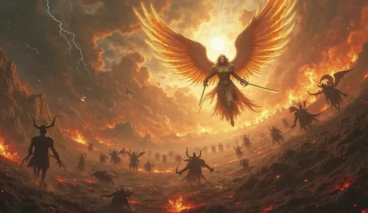 An apocalyptic and epic battle between the heavenly forces of angels and the dark legions of demons, unfolding on a vast battlefield stretching between heaven and earth. Los Angeles, luminous and majestic beings, are armed with fiery swords, shining shield...