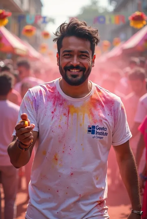 A handsome teacher  in white t shirt print  "Geeta Institute of Computer " play Holi with watergun