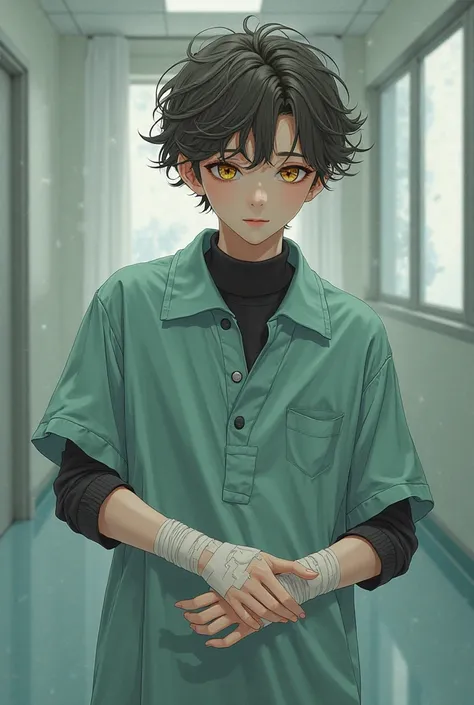 Beautiful boy with short wavy hair, dark and light brown, honey-colored eyes, light water green polo dress with black sweater and red sneakers with bandages on his hands height 1.80 in the background a hospital 