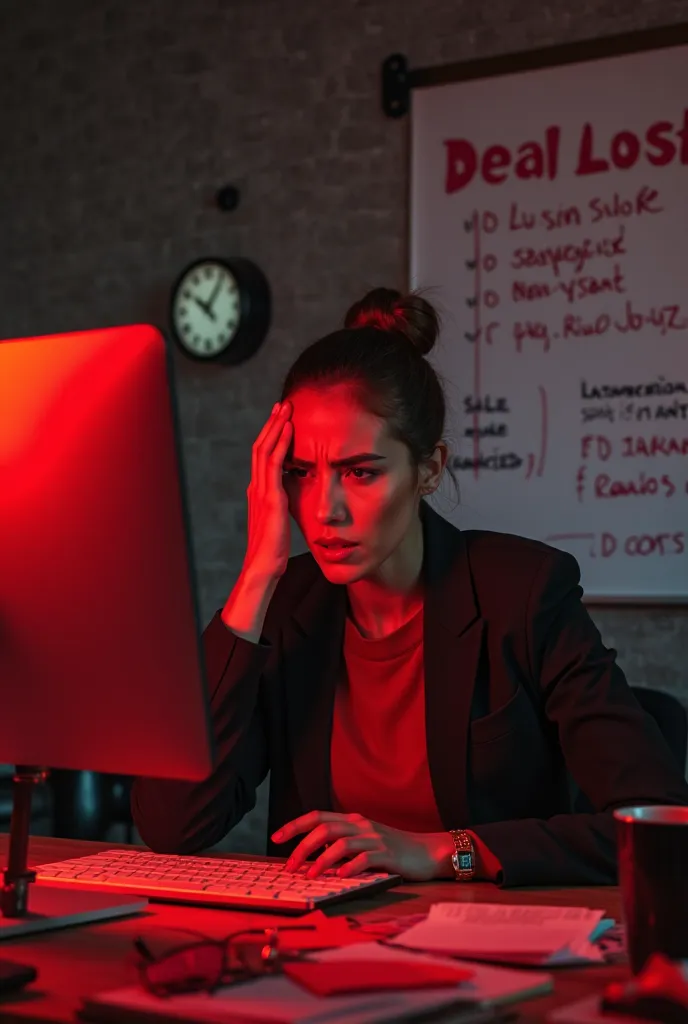 A highly realistic image of a frustrated female salesperson sitting at her desk, staring at her computer screen with confusion and disbelief. She wears a black blazer with a red blouse, and her facial expression shows deep frustration, with furrowed brows ...