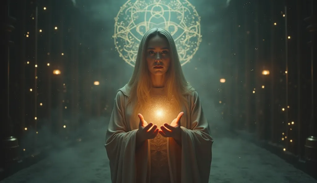 "A hyper-realistic, cinematic scene depicting the essence of secrecy in a ritual of transformation. A mystical figure stands in a dark, sacred space, surrounded by glowing, ethereal symbols of alchemy and cosmic energy. The figure holds a small, radiant ob...