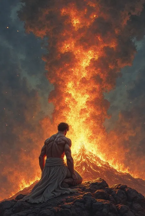 Create a dramatic image of Hercules, The Greek Hero, kneeling at the top of Mount Eta, on his body is dressed in the tunic of nesso, Trying to take it off .He is looking at a giant funeral pyre, with intense and bright flames that illuminate the night sky....