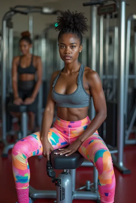 a dark-skinned woman wearing colorful and vibrant workout clothes. She is sitting on a leg exercise machine in a gym. Her leggings are pink, orange, blue and green, with an abstract pattern. She is also wearing a gray sports top and pink socks sparkles and...