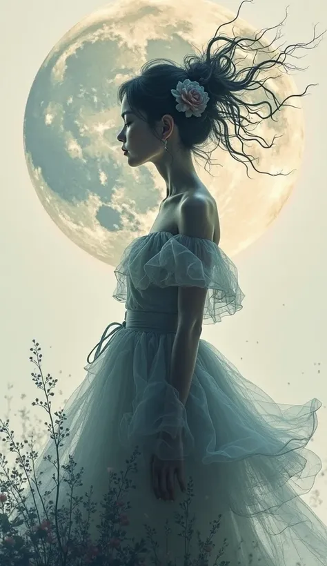 Surreal digital illustration painting in the style of Asa CHEN, image view, beautiful girl in a gauze dress, double exposure of a big supermoon, silhouette, mystical and mixed effects,barefoot
Real Person In Studio Setup Scenery Mode,Scenery Scene,relief s...