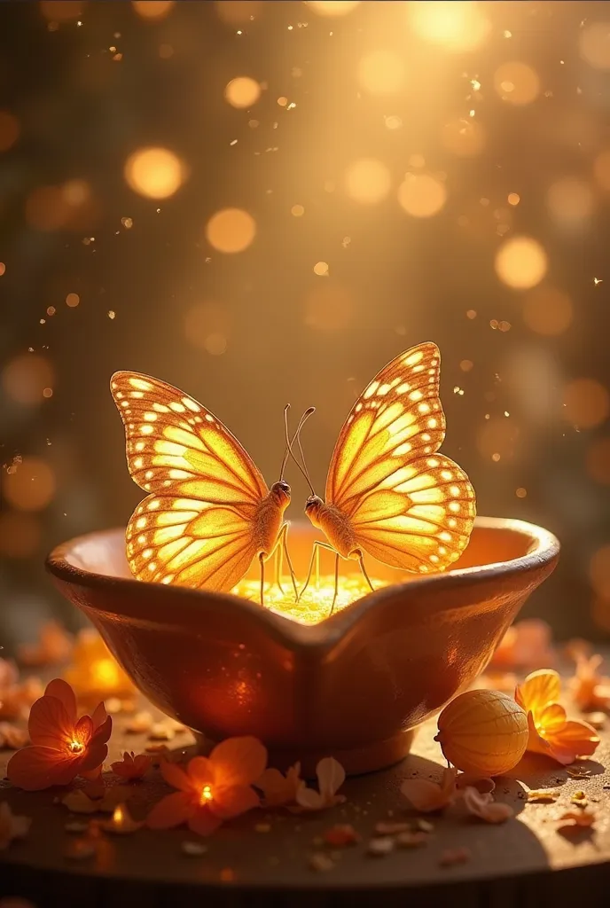 papillons are sitting on a heart shaped bowl with flowers and lights, glowing papillons,  butterfly  lighting, soft  butterfly  lighting, yellow papillons, harmony of  butterfly , des lucioles dorées s'allument , papillons and sunrays, papillons, parmi de ...