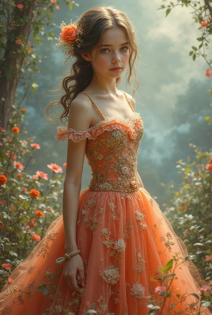 Cute girl in old and colorful dress,  fantasy drawing 