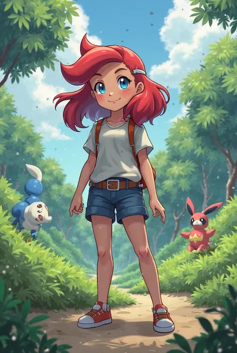 Pokémon trainer girl with blue eyes and red hair