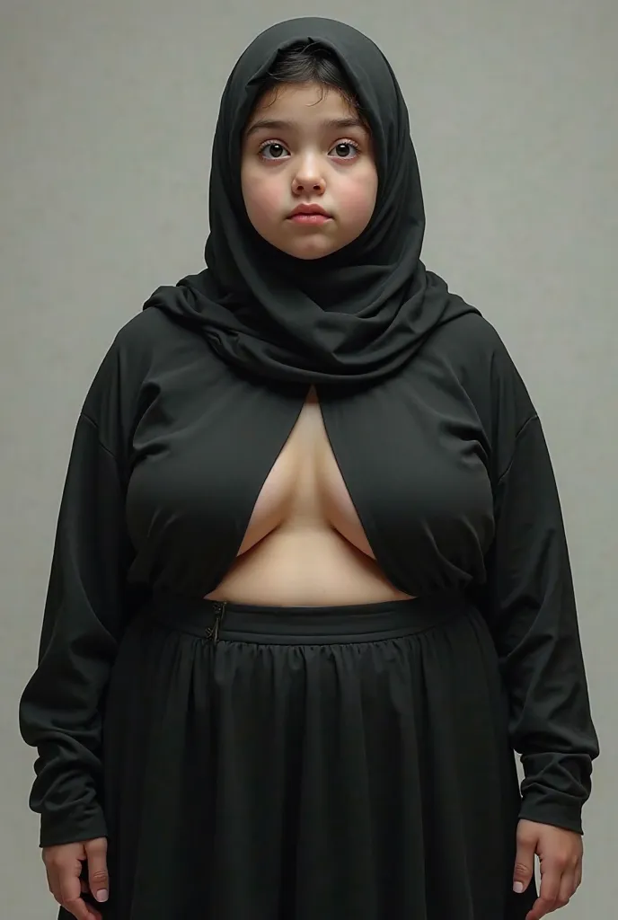 The hijab and the tight black cloak attached to the body of a fat girl at the age of 14. The chest is exposed 