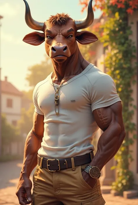 highres, masterpiece, Best quality at the best price,best quality, anthro bull, brown cargo pants, white top, body close-up, upper body, the day, summer