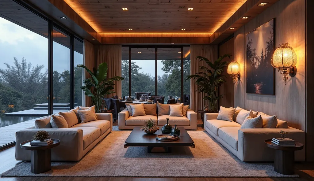 A luxurious living room in the house. The living rooms are modern in the evening 