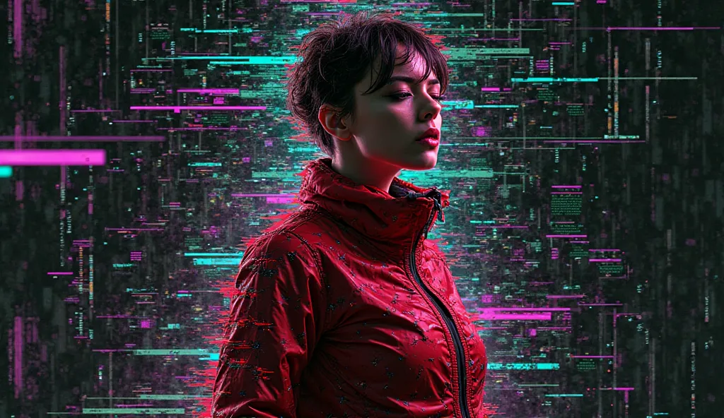 "A cyber-enhanced woman in a red and black futuristic outfit, her body partially distorted by a glitch effect. The background is a dark digital world, filled with fragmented code, pixelated distortions, and neon green and purple glitches. The scene gives a...