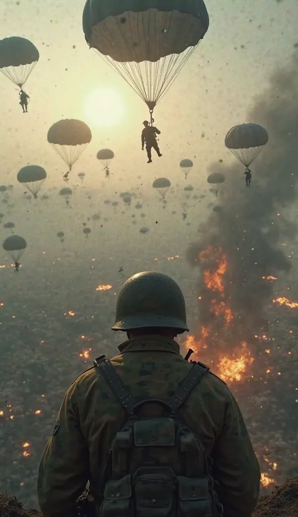 An ultra-realistic image captures the first-person view of a British WWII parachutist in the air watching other paratroopers after the jump. The wind biting your face, and the chaos of war below with bombs exploding and Nazis shooting at the descending par...