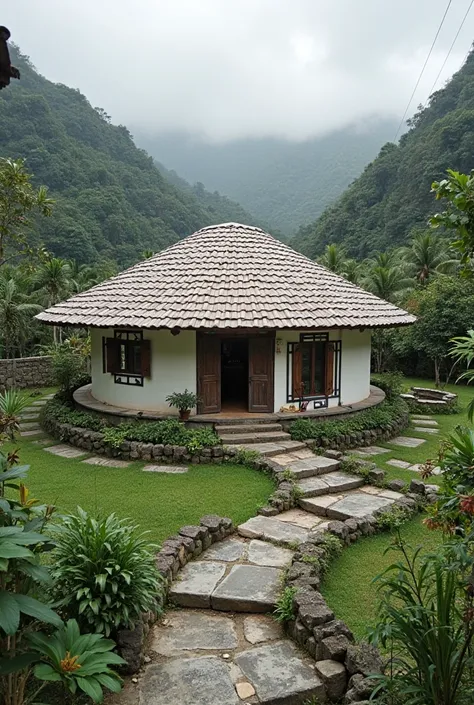 Circular house that seems to have 1 floor but with a mezzanine floor of more or less in total of 70 M2 that does not have an Asian roof or similar but tiles, white color and details in natural stone. rustic, located in a valley next to tropical jungle and ...