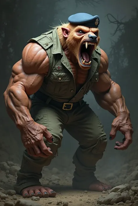 Make me scary bodybuilder animal with mouth open with blue berret and military uniform  