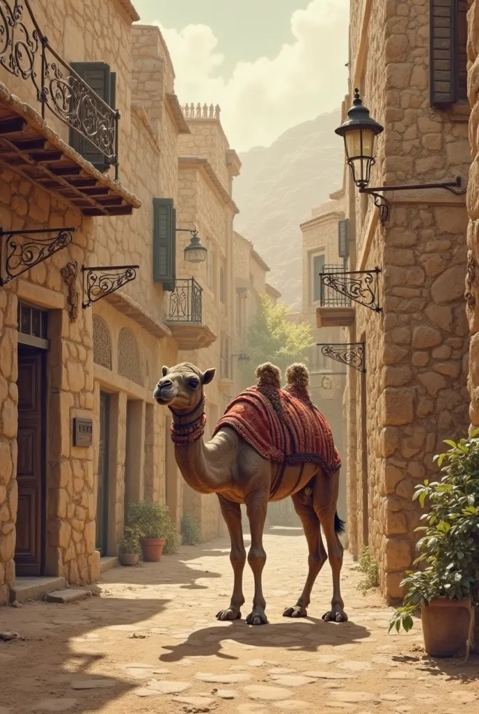 Show a  next to the stone houses on the streets of Arabia vintage and next to him