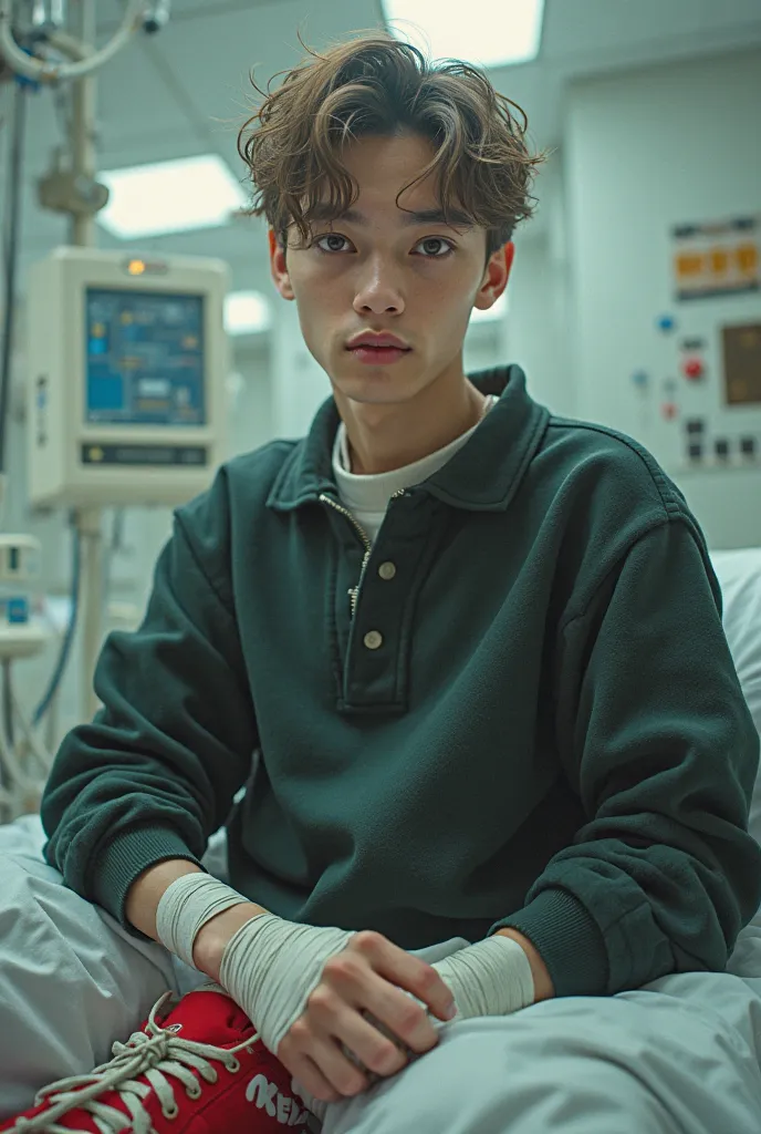 Beautiful boy with short wavy hair, light brown color, honey-colored eyes, light water green polo dress with black sweater and red sneakers with bandages on his hands height 1.80 stocky body medium texture background a cyberrealist style hospital