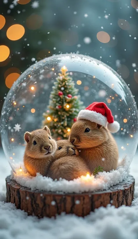 realistic. photorealistic. Image is vividly colored.
 photos,Very detailed

A miniature snow globe with a few cute capybaras curled up on a small fir floor. A capybara is wearing a Santa hat.
 miniature Christmas lights twinkle through the earth .  the bac...