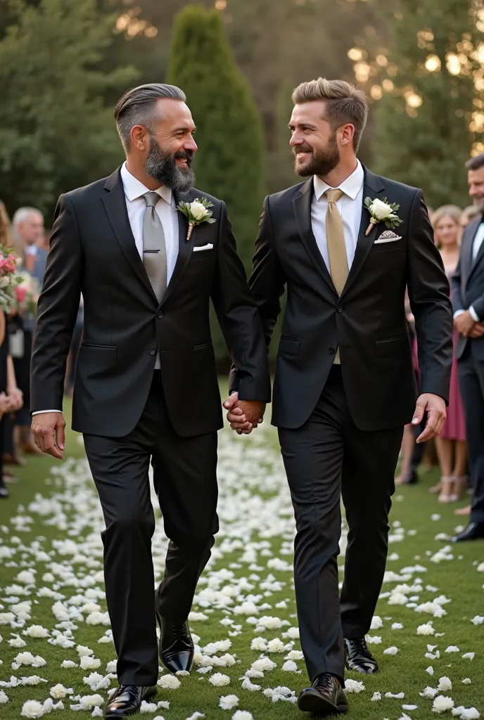 Tall muscular Arab man with slightly grey trimmed hair with a beard dressed in a black two piece wedding suit with a white shirt and silver silk tie, who has a diamond ornament walking happily holding hands with her now husband, who is a young white man wi...