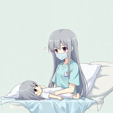 Image of a 15-year-old girl in hospital clothes, Long gray hair sitting on a hospital bed next to a small  lying down. The girl is wearing a surgical mask, Style d'illustration japonaise, From Bottom to Top, 