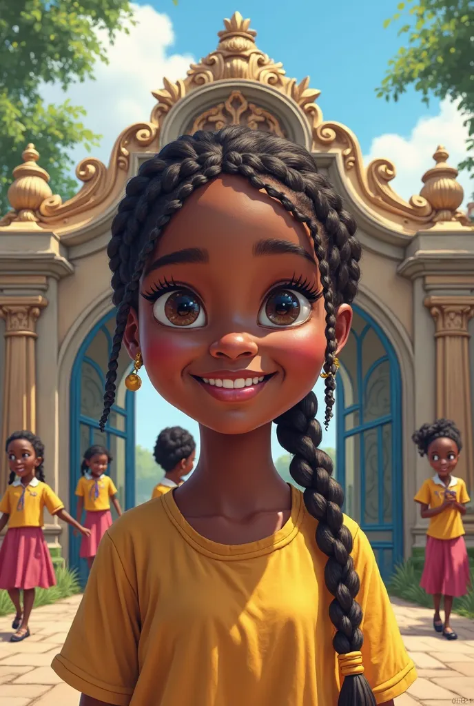 A  Nigerian girl with braided hair standing in front of a luxirious school gate while other  students pass by