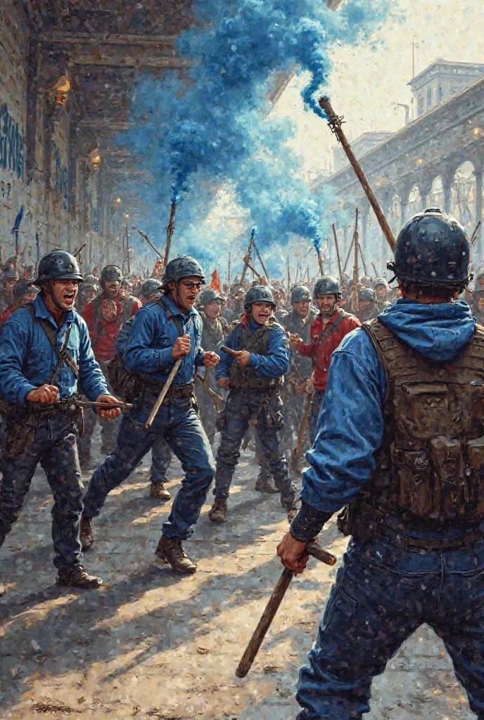 "an art drawing of two groups of supporters clashing at a train station. The dominant group wears blue,  Black and white, holding sticks and blue smoke flags, advancing with expressions of anger. The other group, in red, is at a disadvantage, some fallen o...