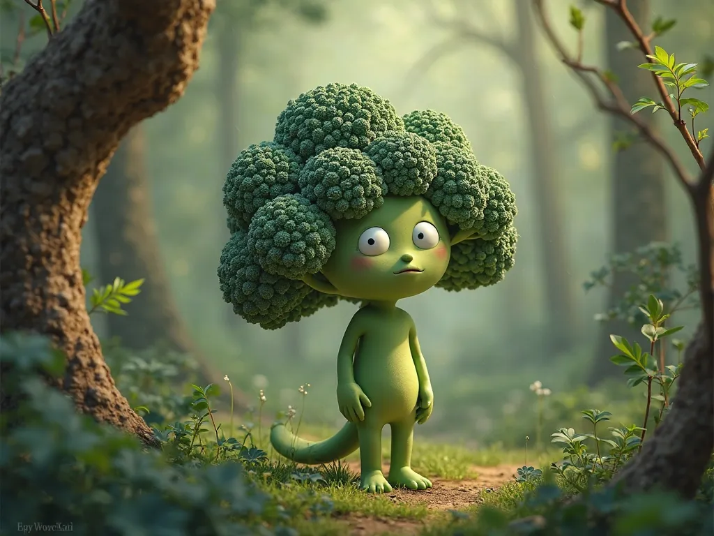 Broccoli standing in front of the branch, looking thoughtful, his floret-covered head slightly tilting as he considers another route.