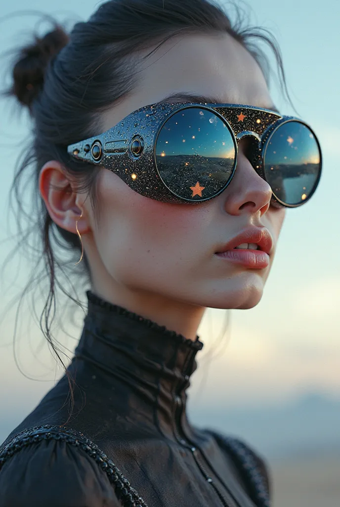 The model is wearing glass sunglasses with stars and the moon on the glass