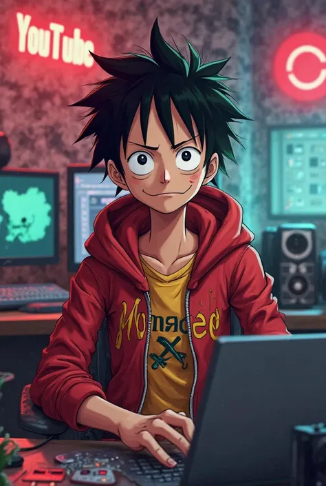 Create a vibrant and super sexy Luffy anime boy with a smart look, He is sitting in front of a . wearing a red and green hoodie with the channel name "Mohamed Animation". Settings include a microphone and laptop on the desk. تتضمن الخلفية شعار YouTube كبير...