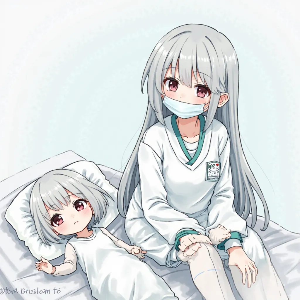 Image of a 15-year-old girl in hospital clothes, Long gray hair sitting on a hospital bed next to a small  with white hair lying down. The girl is wearing a surgical mask, Style d'illustration japonaise, From Bottom to Top, 