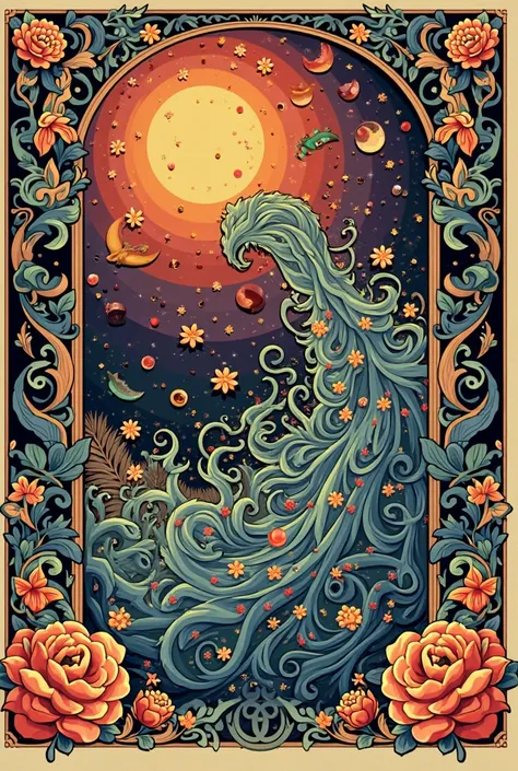 A psychedelic Art Nouveau-style poster with intricate floral and paisley patterns, inspired by 1960s hippie aesthetics. The design features swirling, vibrant colors, ornamental borders with detailed flowers, and organic flowing shapes. Instead of a person,...