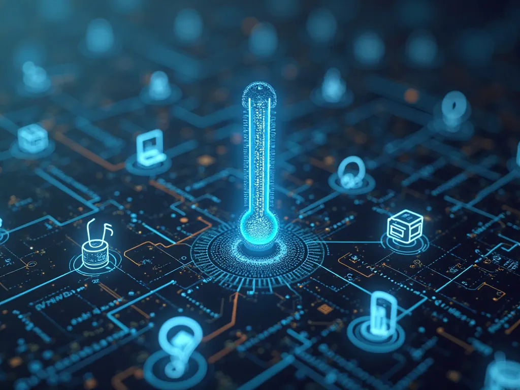 image,  showing , temperature sensors as data from product sensors or scanners are transferred to the blockchain, possible, network with (IoT ), such as, Internet of Things elements and other, GPS trackers connected to the.