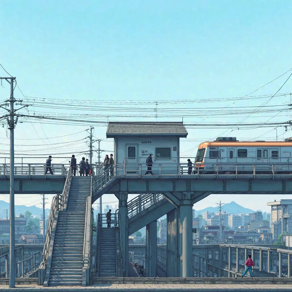 A train station on an overpass
The station building has a compact and complex structure
It is connected to the ground by stairs
Sparse passengers getting on and off
The height of the overpass is the height of the roof of a private house
The train is a 2-ca...