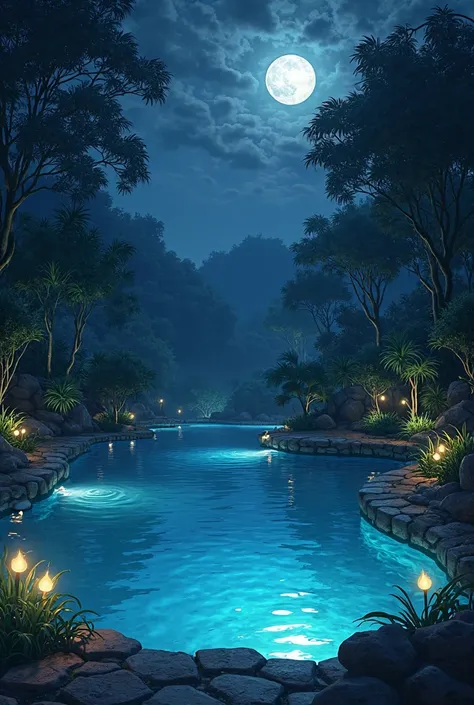 Create a photo of a pool at night 