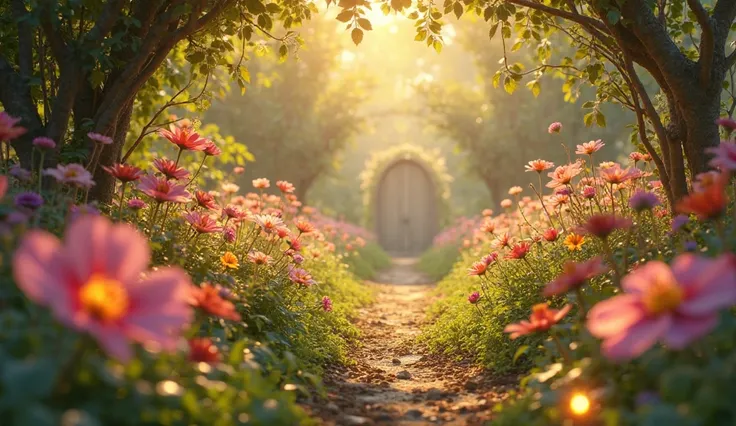 "Generate an image of a hidden garden in a sunlit clearing. The garden is filled with vibrant, glowing flowers with petals that shimmer like jewels. The air is sweet with fragrance, and the scene is magical and serene."