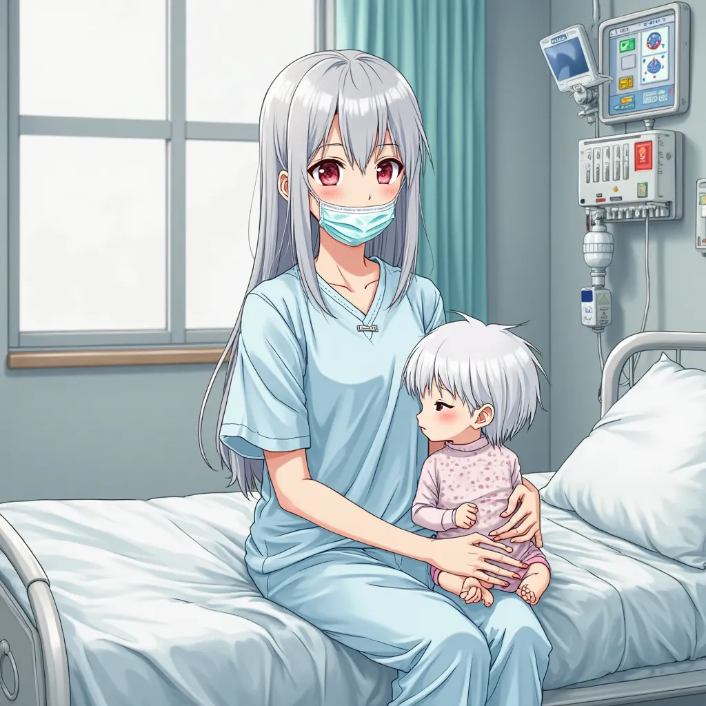 Image of a 15-year-old girl in hospital clothes, Long gray hair and red eyes, sitting on a hospital bed next to a small  with white hair sat. The girl is wearing a surgical mask, ils sont dans une chambre d'hopital avec des appareil médicaux autour , Style...