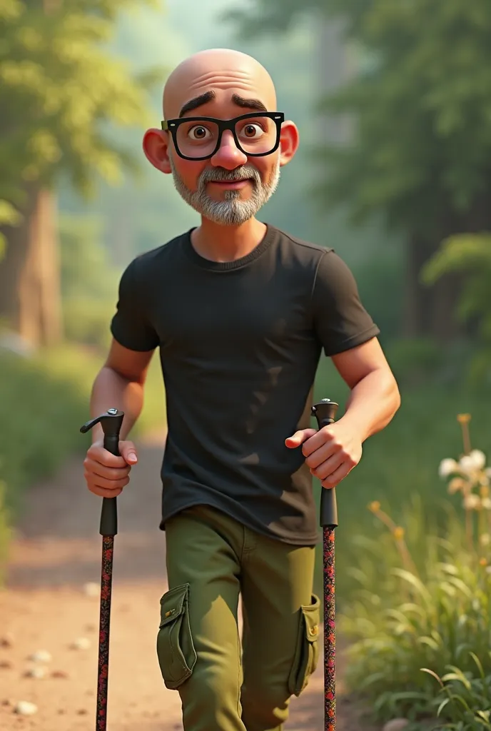 Create a 3D image ,  Pixar style.  Adult man , bald and goatee, square black plastic glasses. , with green cargo pants and black t-shirt, brown eyes, Walking with Nordic sticks