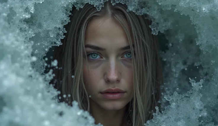 The photo shows a close-up of the face of a young woman who appears from behind a wave at the top of a waterfall. She has straight, wet, ash-colored hair, styled in loose waves and falling over her shoulders. Her eyes are piercing blue, mysteriously intent...