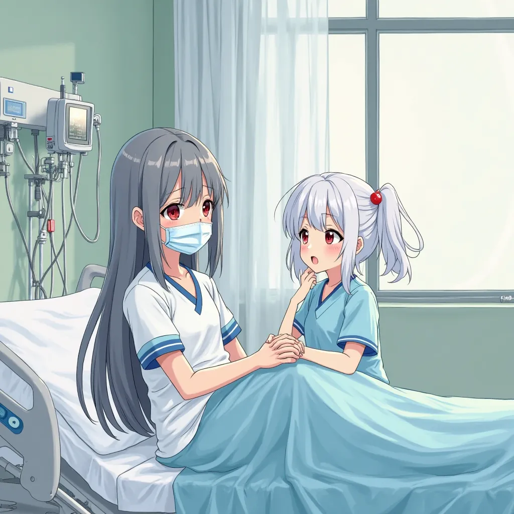 Image of a 15-year-old girl in hospital clothes, Long gray hair and red eyes, sitting on a hospital bed next to a  with white hair sitting. The girl is wearing a surgical mask, ils sont dans une chambre d'hopital avec des appareil médicaux autour , Style d...