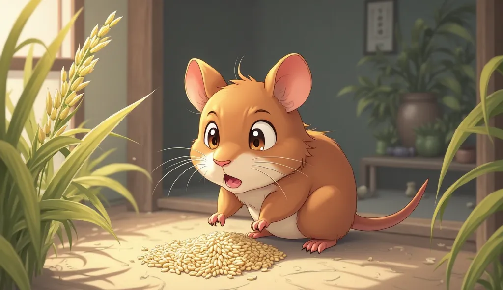 (Highest quality, masterpiece, High resolution)、4K Anime Art、Soft Light, When the sneaky Brown colour rat tried to gather more rice, it was shocked to find nothing left.