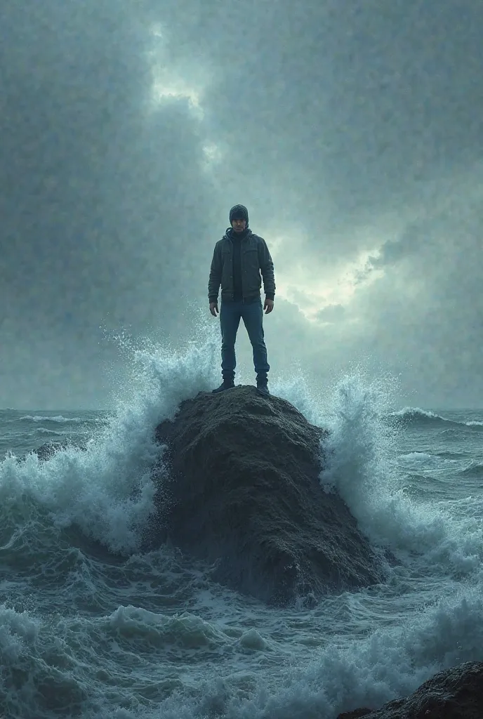 An image of a person standing on a firm rock in the middle of a rough sea, symbolizing stability and coherence with one's values in times of adversity.