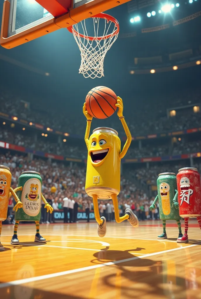 Can of lemon soda sticking a basketball in the hoop during a game on a professional court, while other people disguised as soft drinks of other flavors and brands are watching him perplexed