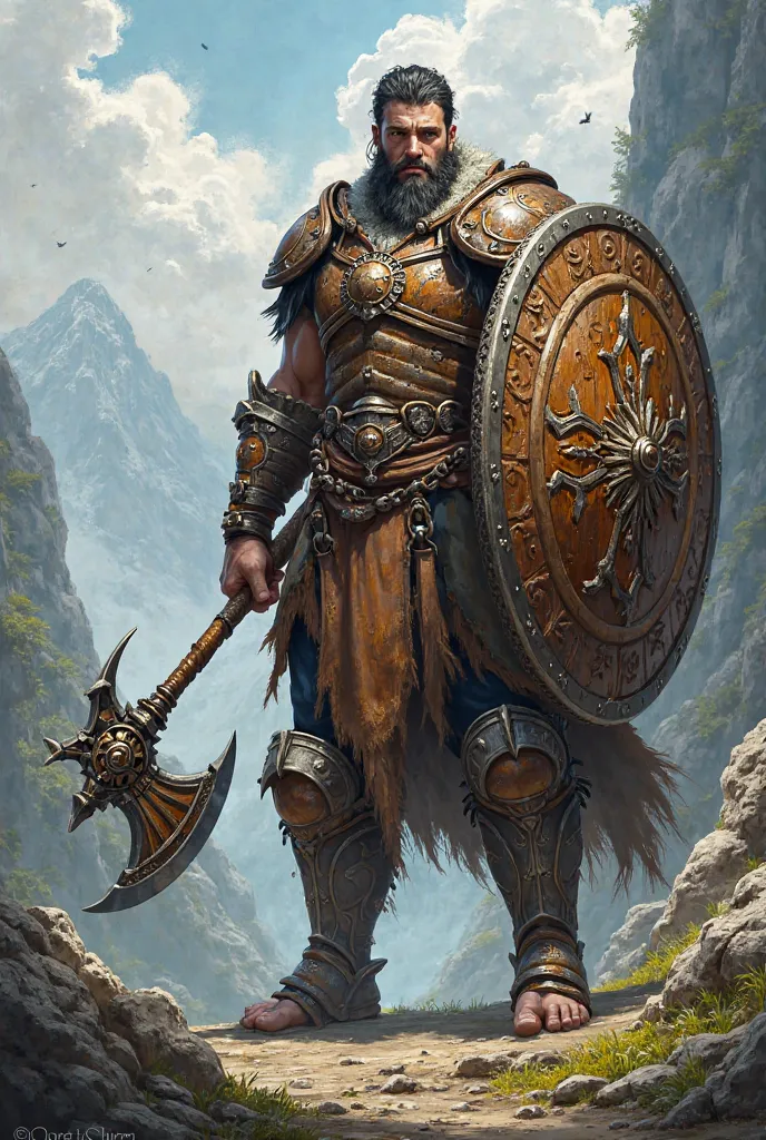 Eghion, a young paladin oath of the ancient goliath. He has a tree trunk as his shield. He fights with a mighty axe