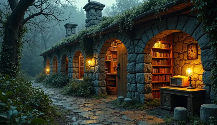 In the dark night inmage of a rustic, ancient-looking house built from grey stone and dark recycled wood amidst a desolate futuristic dystopian landscape, overgrown with hardy vines and moss, small arched windows emitting dim, warm yellow light from oil la...