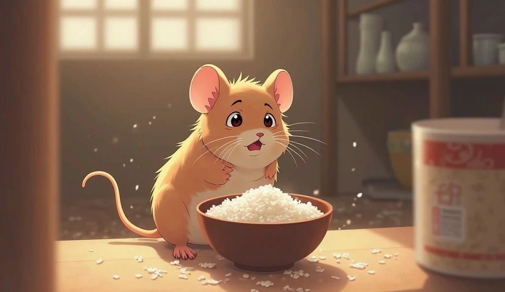 (Highest quality, masterpiece, High resolution)、4K Anime Art、Soft Light, When the sneaky Brown colour rat tried to no more rice, it was shocked to find nothing left.