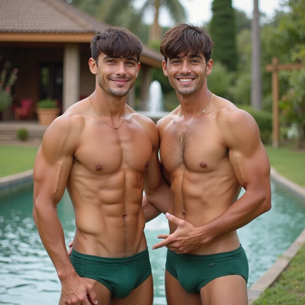 2 Latino Men , naked,one brown and one brown hair with straight and short bangs ,naked , model,  Brasileiro ,fair skin , bangs on straight and short hair,with blue and green eyes ,bodies , with a thick shell, with a big, upturned ass , in the background a ...