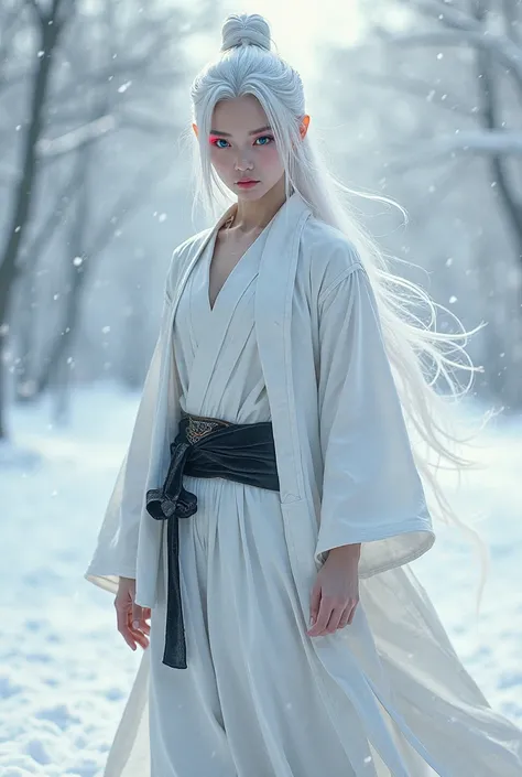 A martial arts warrior with snow-white hair and eyebrows. You have heterochromia of a red eye and a blue eye. Wear a white haori with a black shirt underneath and white pants.