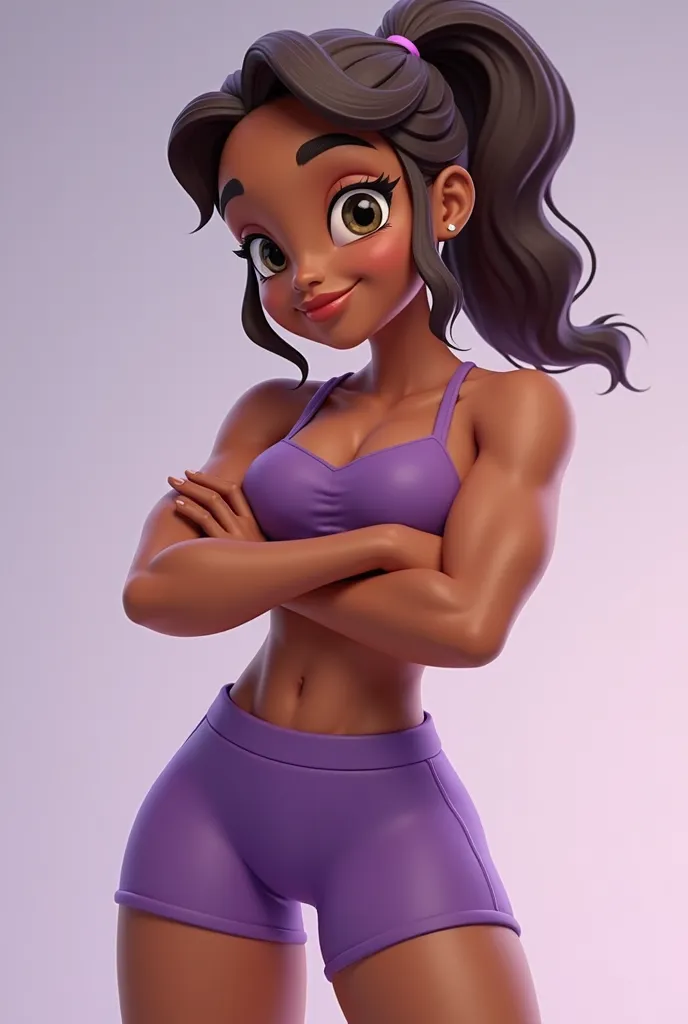 A Disney 3d full-body image of a dark-skinned woman with medium dark brown hair tied in a clean girl-style ponytail wearing short purple gym shorts and a purple mid-body gym strap top posing to show off her muscles 