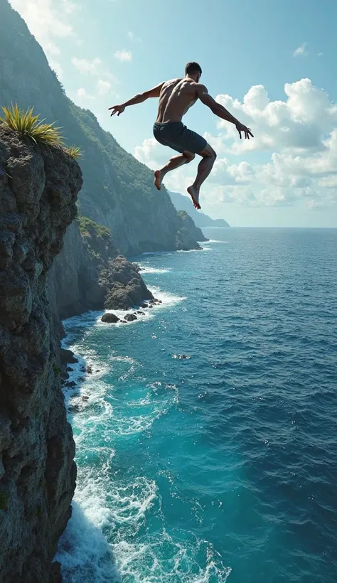 A man jumps and dives into the blue ocean with water from a hill. He dives from the air into the water , hands towards the water 

