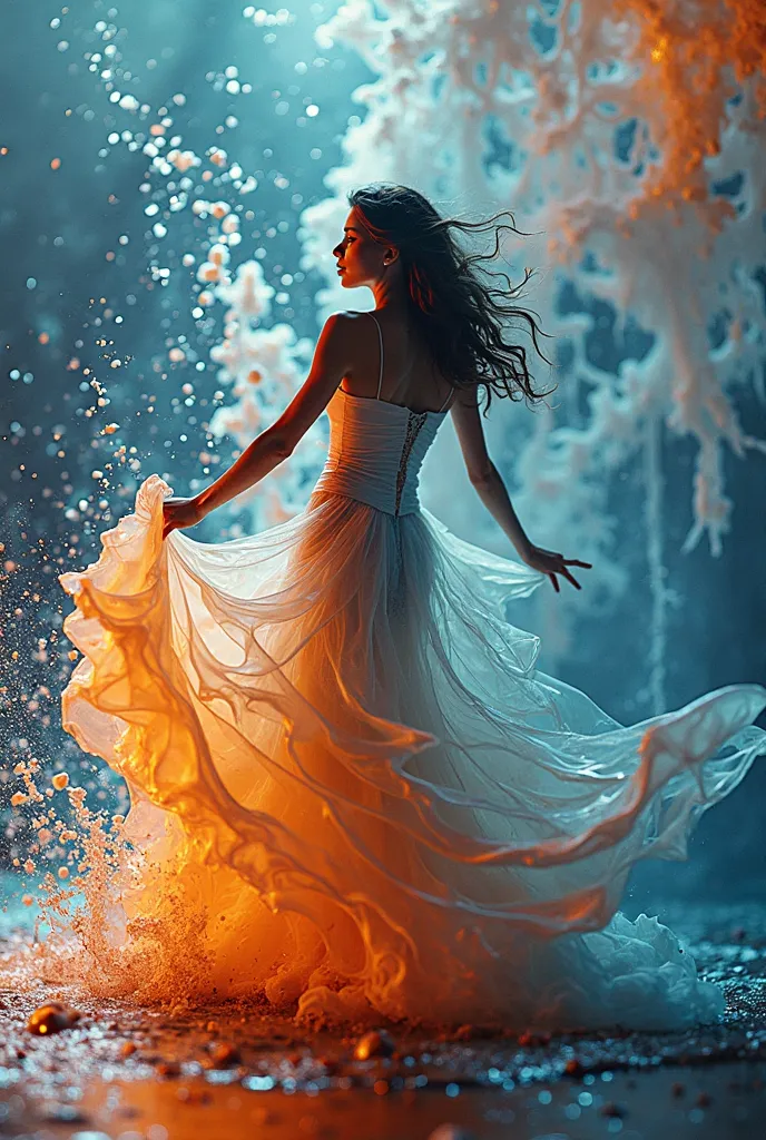 female shape, In a mesmerizing display of artistry, vibrant liquid forms and colliding objects dance gracefully against a backdrop of water splash bokeh. This dynamic abstract photograph encapsulates the fluidity and energy of motion, capturing a moment of...