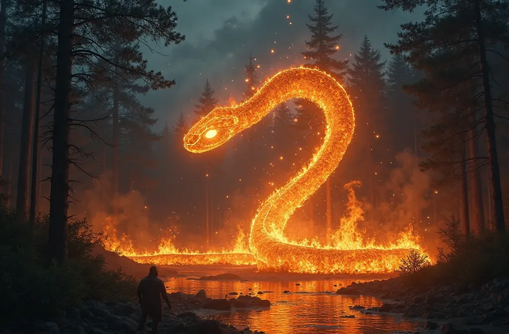 A glow in the middle of the dark night, A giant snake with eyes emerges from flaming fires , its intense brightness illuminates the forest, bringing fear in its flash but even so arrows are shot in its direction, cutting through the air in a challenge from...